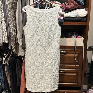 Baby blue shimmer dress with rose pattern sewn into the fabric. Size 12